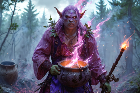 bioluminescent, an orc cook with green skin, wearing a stained apron, stirring a large pot, solo, from the Bloodfang Clan, with red war paint and bone jewelry, an orc burial ground with stone markers, bone piles, eerie fog, detailed background, brawling in a pit, fists raised, angry, clenched jaw, action focus, medium shot, a shamanic ritual with orcs chanting, bonfire blazing, bones scattered, a spiked mace, nearby, on a forest floor, covered in leaves, stormy, dark clouds, lightning flashes, rain falling, twilight, soft purple hues, stars emerging, cool air, best quality, vibrant colors, photorealistic style, high detail, high-definition, hyper-realistic, extremely high-resolution details, fine texture, incredibly lifelike, realistic, not cartoon, not drawing, highres, 4K resolution, source photo, realistic photo, masterpiece, best quality, amazing quality, very aesthetic, ultra-detailed, detailed textures, natural lighting, soft lighting, battleworn tones, muted reds, grays, blacks, dawn light, soft pink and orange glow, low angle shot, looking up, <lora:Mystic_Lumina_r1-000007:0.9>