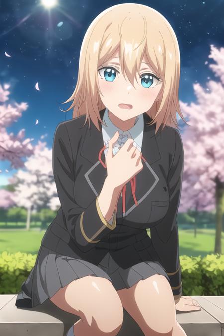 masterpiece, best quality,1girl,solo,anime screencap, Olivia,blonde hair,aqua eyes,medium hair,school uniform,black jacket,dress shirt,red neck ribbon,grey pleated skirt,miniskirt,white socks,<lora:Olivia:0.5>,
