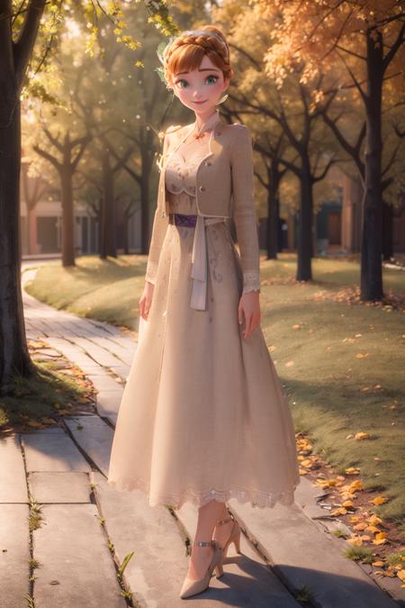 (masterpiece:1.4), (best qualit:1.4), (high resolution:1.4), anna of arendelle, cream jacket, aubergine_belt, cream pumps, updo, white dress, outdoors, autumn, forest, nature, medieval town,  looking at viewer, smile, <lora:anna_of_arendelle_v21:1>