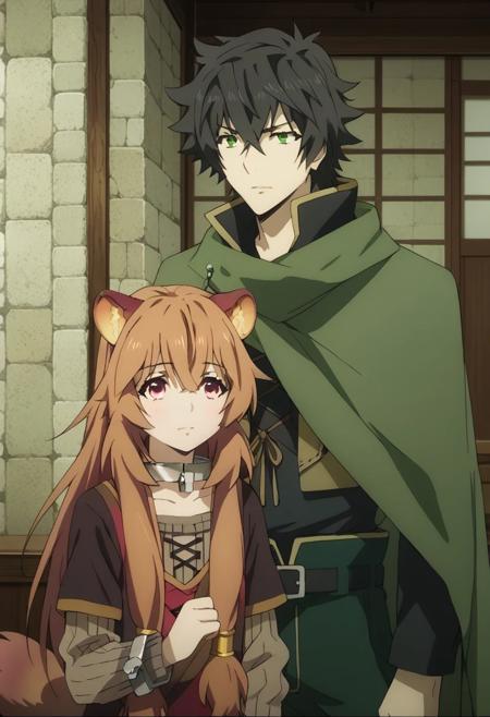 NaofumiSH green_Naofumi_eyes, black_Naofumi_hair, raphtalia brown_Raphtalia_hair, brown-yellow_Raphtalia_raccoon ears, pinkish-red_Raphtalia_eyes,