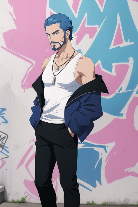 <lora:AeronXvoor0.4> Aeron X'voor, solo, blue eyes, shirt, 1boy, jewelry, blue hair, jacket, male focus, open clothes, pants, necklace, off shoulder, open jacket, facial hair, black pants, tank top, hands in pockets, white tank top, graffiti