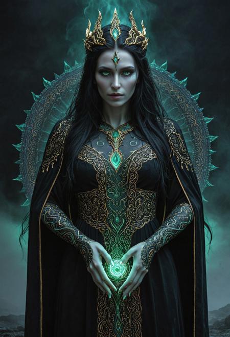 high_quality, best_quality, highres, masterpiece, 8k uhd, detailed, subject_focus, depth_of_field, absurdres, very_detailed, extremely_detailed, ultra_detailed, sharp_focus, clean_lines, high_detail, very_aesthetic, 
perfect eyes, perfect mouth, perfect hands, perfect anatomy, detailed eyes, 
nbn-hel, underworld queen, norse mythology, nordic goddess, 
fear-inducing pose in spectral grandeur, stands wreathed in mist-like shadows, half her face luminescent with death’s pale glow, the other swallowed in abyssal darkness. Her emerald-black robes coil like serpents, stitched from the whispers of the damned. Eyes gleam with spectral fire, void of mercy, her skeletal hand stretched toward oblivion. 
a mandala robe, gold and black fabric,
photorealistic, magical environment, detailed background, natural lighting,
