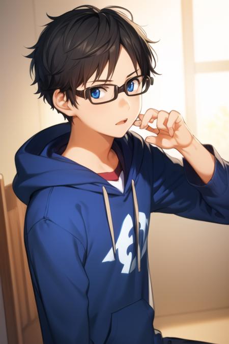 masterpiece, best quality, sketch, 1boy, solo, male focus, looking at viewer, , , <lora:kousei_arima:0.68>, kousei_arima, black hair, glasses, blue eyes, hoodie,