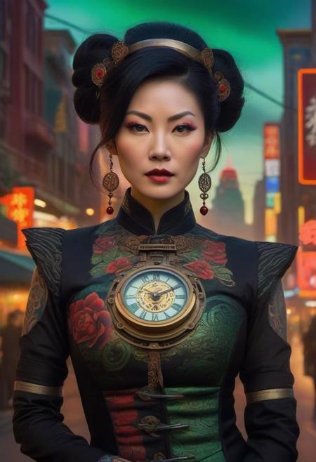 painting of chinese steampunk woman 40 years old with fine tattooed skin details, sf, intricate artwork masterpiece, green and red pastel ratio, background is the big city street during night on golden hour, ominous, matte painting movie poster, by Eduardo Kobra