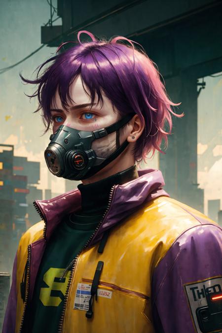 (casual clothes:1.1), (cyberpunk facemask:1.2), ultra detailed face and eyes, (album art:1.1), slum cyberpunk, frown, (slum old garage:1.1), (artpunk:1.0), unique pose, (trigun:1.1), (masterpiece:1.1), best quality, run-down, ultra high detail, (by antoine blanchard and casey baugh:1.1), (by zdzislaw beksinski:0.8), Purple and black, extremely intricate, extreme detail, raytracing, reflections, beautiful lighting, harsh lighting, watercolor, High Saturation Clarity Contrast, deep levels, sharp, retouched, color graded, soft lighting