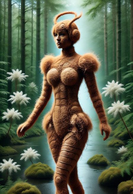 pamcocomat, A sleek, futuristic female android walking through a mystical forest, surrounded by delicate white flowers. Her body is made of smooth white metal with intricate cybernetic details. The scene is cinematic, with a soft ethereal glow and deep reflections in the water. The background consists of ancient, moss-covered trees, creating a contrast between advanced technology and untouched nature. Highly detailed, ultra-realistic, cinematic lighting, 8K render, volumetric fog, 
6-token-negative-deliberate, realisticvision-negative-embedding, epiCNegative, atompunkstylesd15.