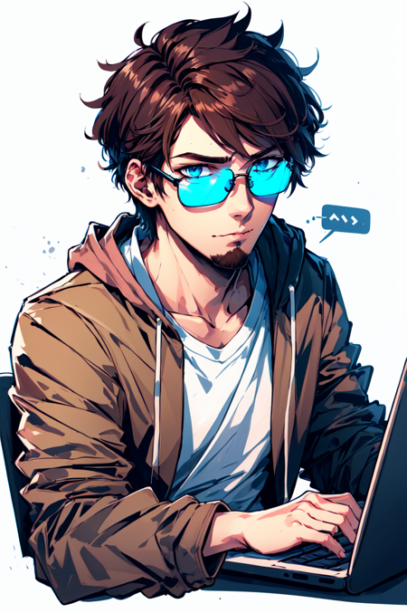 <lora:Homework_Desk:0.7> Homework Desk, masterpiece, best illustration,  male focus, 1boy, solo, laptop, computer, jacket, facial hair, sunglasses, brown hair, shirt, hood, white shirt, blue eyes, upper body, hood down, brown jacket, white background, short hair