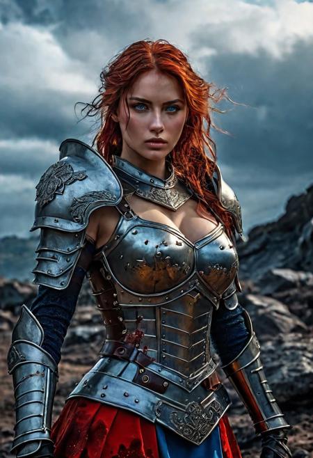 High resolution ultra-realistic of Beautiful Warrior girl, Fantasy style, 8k, capturing the intensity of the moment, dramatic lighting, standing on a bloody and stormy battlefield in a fighting pose, fire, intricately designed shining iron armor, red mini skirt, perfect athletic figure, beautiful Warrior girl, fire, dirty face, ultra realistic, cinematic style, athletic figure, Firm sinewy female body, dark fantasy, covered in dirty and blood, cinematic colors Lighting, extremely detailed, 8K, wavy red hair, realistic dirty bloody pale face, realistic blue eyes, beautiful Warrior girl on in cool iron armor, hyper-detailed, hyper-realistic, bright colours, Attractive 21 old years girl, Attractive, beautiful firm Breasts, sharp focus, digital painting, Photograph Taken on Nikon D750, Alphonse Mucha, 8K, athletic figure, Hyperdetailed, hyperrealism, Attractive, Attractive bust girl, asymmetric balance