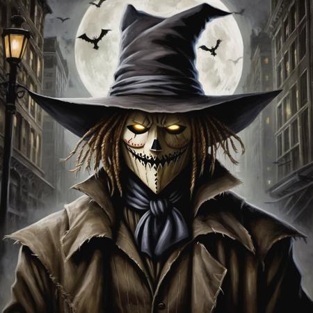 Gothic style,  <lora:Scarecrow:1.2>
Scarecrow a painting of a man with a hat and a long coat in Gotham city universe with perfect hands, Dark, mysterious, haunting, dramatic, ornate, detailed