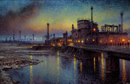 (impressionism:1.1), salt flat, Cliff/Bluff, industrialism, (jeremy mann:0.8), rural, scenery,scene painting,a painting, bridge,steampunk city scene,night,sky, <lora:å·¥ä¸è¸æ±½:0.1>,
