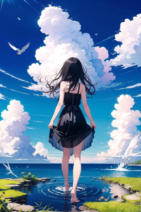 masterpiece, best quality, absurdres, illustration, watercolor, 1girl, solo, long hair, black hair, dress, skirt hold, wading, sleeveless, barefoot, bare shoulders, standing, from behind, outdoors, cloud, sky, bird, water, rainbow,