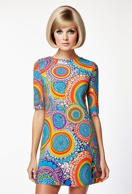 She mod mini dress, psychedelic swirls on the dress, Twiggy-inspired haircut and a bold, vibrant hues, bold patterns, , swinging sixties, highly intricate, 60s, hyper detailed, photorealistic, white background