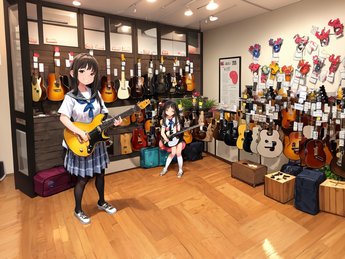 masterpiece, best quality, ultra-detailed, illustration,
(2girls:1.4), school uniform,  school bag,  smile ,
guitarshop, g...