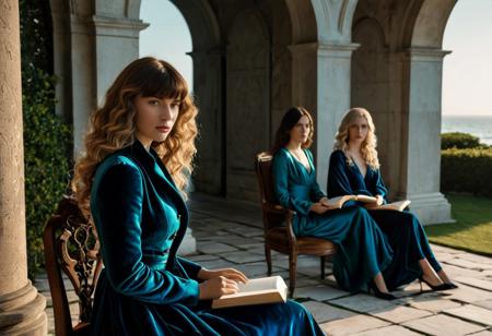 4 women, standing apart yet emotionally connected, cinematic group tableau in a windswept coastal estate garden, golden hour, soft overcast, marble path, sea spray, ambient piano music, each woman with unique appearance and expression, symmetrical framing, group portrait. Woman 1: wistful young woman, golden-brown wavy hair, wide-set blue eyes, ivory slip dress fluttering in the breeze, gazing toward the sea, symbol of lost innocence; Woman 2: soft-spoken muse, dark brown hair with blunt bangs, luminous blue eyes, floral ankle-length dress, holding a leather-bound journal, poet dreamer under soft morning light; Woman 3: platinum-blonde curls, sculpted figure, lounging on a velvet chair, sultry green eyes, crimson satin gown, seductive and mysterious presence; Woman 4: striking woman in a structured midnight-blue coat, sharp cheekbones, intense brown eyes, pinned-up hair, standing in shadows of an arched stone doorway, revolutionary elegance; emotional realism, cinematic lighting, shallow depth of field, dreamlike atmosphere, editorial photography, artstation, soft natural color grading, 8k, SDXL style ((sfw)).