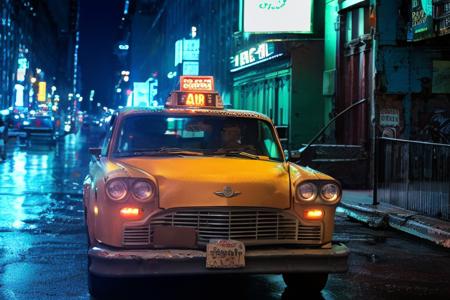 analog gloomy photo of a taxi,  <lora:ch3ck3rc4b:1>, rear view, ((broadway in new york city (at night))), (abandoned buildings), (graffiti), (horror movie), ((nighttime)), (rain),  neon signs, marquee, High Detail, Sharp focus, (photorealism), realistic, best quality, 8k, award winning, dramatic lighting, epic, cinematic, masterpiece, rim light, ambient fog:1.2,  dutch angle, depth of field,