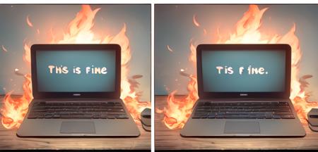 <lora:this-is-fine:1>, 2 panel comic strip, this_is_fine, fire, laptop, english text, "this is fine"