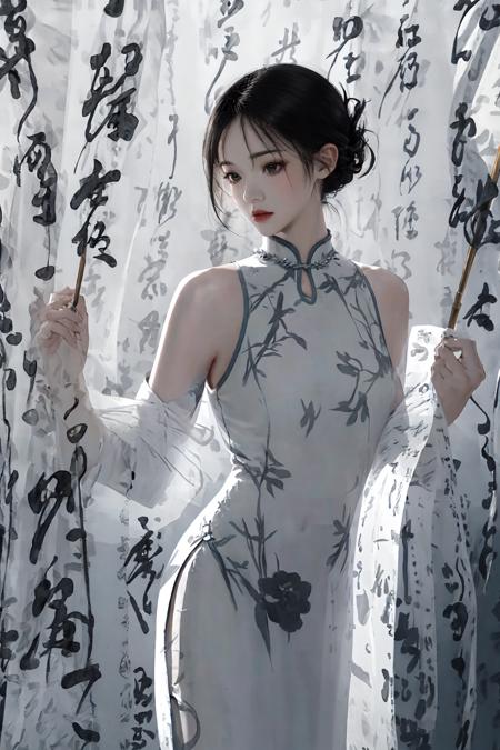 masterpiece,best quality, 1 girl, standing, white dress,  (black cheongsam), calligraphy_background <lora:Xinzhongshi_mo:0.8>
8k,,sexy,(realistic:1.1), (photorealistic:1.1), (masterpiece:1.1), (best quality:1.1), RAW photo, highres, ultra detailed, High detail RAW color phot