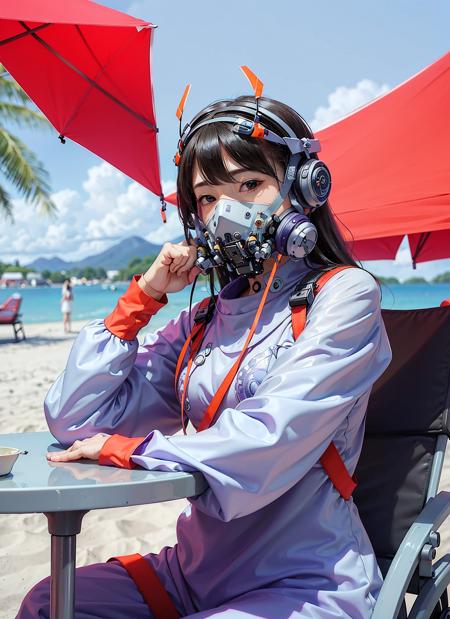 masterpiece, realistic, 1 woman, (wearing a purple full coverage techpunkmask with smallish antenna), (wearing orange shirt and blue rosette), blond hair, smiling eyes, sitting by the palm-fringed beach, sunny and rich in color, HDR, iso 1000<lora:techpunkmask_v0.5-000001:0.7>