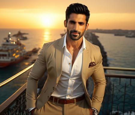 Nautical-themed (Photo:1.3) of (Ultrarealistic:1.3) <lora:Man_Men_FFashion:1> karan soni a man <lora:arjit-taneja_karan-soni:1> in a tan suit standing on a balcony, sun behind him, inspired by Pablo Munoz Gomez, shot at golden hour, editorial photograph, midshot of a hunky, by Roman Bezpalkiv, by Artur Tarnowski, maxim sukharev, by Gabor Szikszai,Highly Detailed,(Mono Color:1.3) . Sea, ocean, ships, maritime, beach, marine life, highly detailed