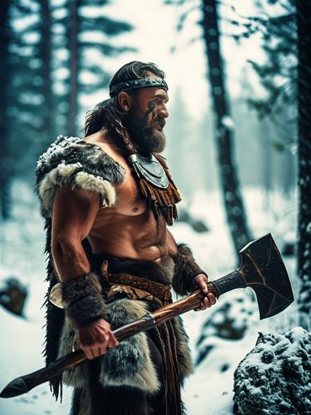 (Cinematic Photo:1.3) of (Ultrarealistic:1.3) An ancient Cro-Magnon warrior dressed in animal skins with a large stone axe in a snowy coniferous forest, blood spatter in the snow, SK_ANALOGFILM, very wide shot, masterpiece, best quality, photorealistic, full body shot, smooth detailed skin, highly detailed, RAW photo, ultra detailed photography, sharp focus, high resolution, 8k UHD, DSLR, high quality, film grain, Fujifilm XT3, DOF, bokeh, dramatic lighting, high contrast, skin pores, pores, skin blemishes, rough skin, raytracing, subsurface scattering, moody colors, dark theme, deep shadows, contrast, volumetrics rays,  <lora:MJ52:0.8>