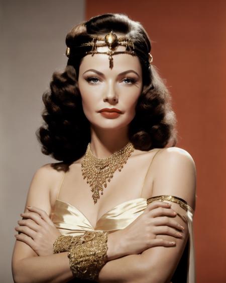 genetierney <lora:genetierney:0.6>, Best quality, masterpiece, ultra high res, (photorealistic:1.4), 1girl, a woman with a black dress and a gold head piece and a necklace on her neck and arms crossed