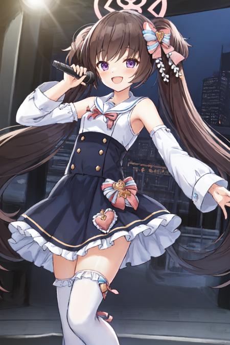 masterpiece, perfect face, (thick lines:1.0), (ultra-detailed:1.2), (oil painting:0.9), (extremely detailed CG unity 8k wallpaper:1.2), soft lighting, shizuko, halo, purple eyes, brown hair, twintails, hair ribbon
idol, idol clothes, blue dress, white sailor collar, detached sleeves, pleated skirt, frills, white thighhighs, 
midriff peek, zettai ryouiki, holding microphone
standing, :d, looking at viewer, v over eye, 
BREAK stage, singing, outdoors, night, stage lights, 
<lora:chara-shizuko-v9:1>