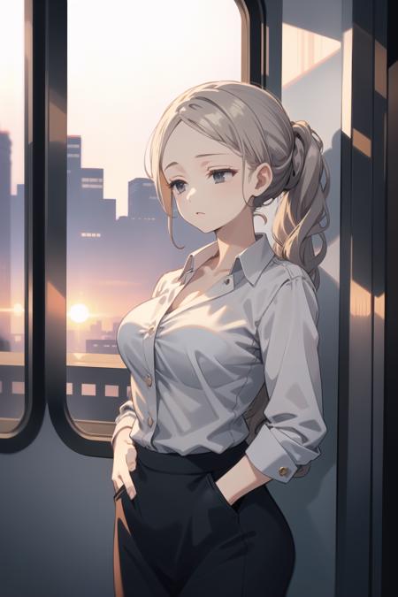 1girl, solo, <lora:morimura-000075:1> morimura, grey eyes, medium breasts, mmnrs,
office lady,
sleepy, hands in pockets, leaning, train interior, twilight