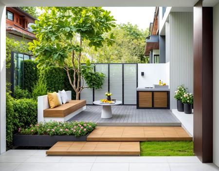 <lora:åº­77:1>,the hedge of the foreground,The image depicts a modern outdoor patio space with a focus on natural elements and sleek design. On the left side,there's a plush seating area with a dark-colored,contemporary outdoor sofa adorned with colorful cushions in shades of blue and yellow. The sofa sits on a wooden deck,and behind it is a lush green backdrop of climbing plants with vibrant pink roses adding a touch of color and liveliness.,
On the right side,against the building's exterior,there's a functional outdoor kitchenette with a minimalist design. It features a white countertop with a built-in sink and a black cabinet base,providing a stark contrast to the warm wooden textures adjacent to it. Above the countertop,there appears to be a metallic backsplash or a protective panel.,In the foreground,the patio is divided into sections by different flooring materials-there is a section with what looks like concrete slabs leading up to the sofa,bordered by small,manicured shrubbery,and another section with wooden flooring that extends under the kitchenette and seating area.,The overall setting is enclosed by a modern,all designed with a modern aesthetic in mind.,