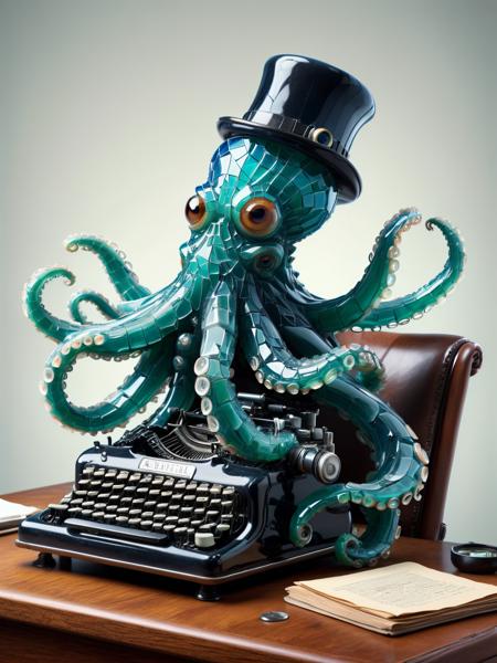 A humorous portrait of a ais-bkglass octopus wearing a monocle, sitting at a desk and typing on a vintage typewriter, completely oblivious to its surroundings. <lora:Broken_Glass_Style_SDXL:1>