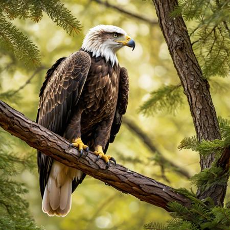 Eagle Perched on Tree Branch, Pristine Clarity: Majestic eagle sitting, detailed feather texture, sharp talons gripping the branch, intense, focused gaze, deep forest background with distinct leaves and branches, soft natural light filtering through canopy, realistic beak texture, subtle reflections in eyes, every feather individually defined, natural color palette of the eagle harmoniously blending with the environment, clear, detailed forest setting, high-resolution image quality mimicking Canon R5 camera, RF 600mm lens capabilities, f/4 focal depth, no bokeh effect, resulting in a life-like, ultra-detailed representation.
