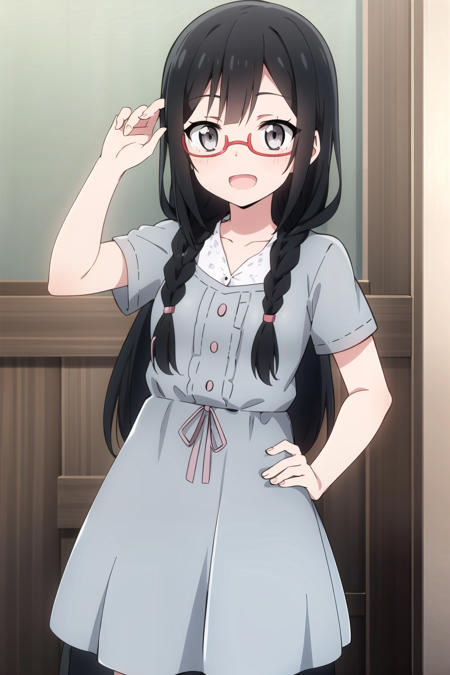 <lora:Nakagawa_nana-000015:0.5> grey eyes,Braid hair,black hair,glasses,(),(animated:1)detailed eyes,happy ,dress