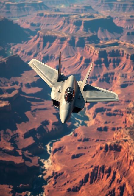 x wing flying between two f35 over the grand canyon