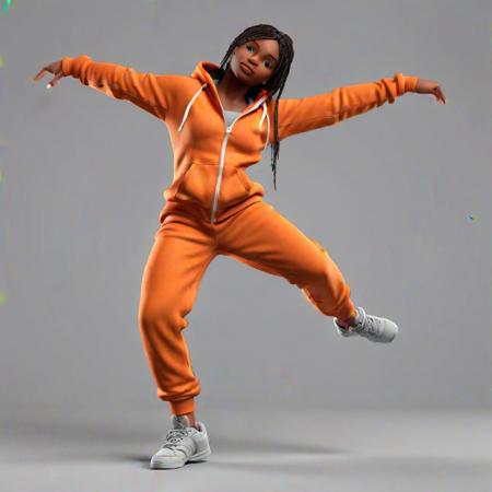 This is a full body photo with excellent detail. Simple gray background. Toy doll - a girl wearing an orange jumpsuit and doing a break dance dance pose. 3D rendering. 8K.