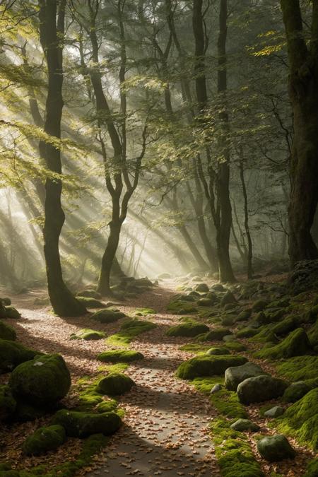 serene forest path covered in fallen leaves, tall trees with dappled sunlight shining through, moss-covered rocks, early morning fog, hyper-realistic detail, high-quality DSLR look, peaceful and quiet mood