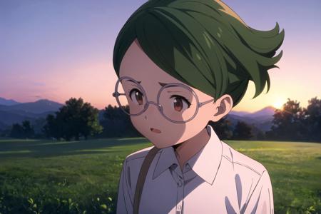 glida, neverland, 1girl, sunset, outdoors, masterpiece, solo, looking away, short hair, shirt, brown eyes, white shirt, green hair, glasses, collared shirt, <lora:Glida:0.8>