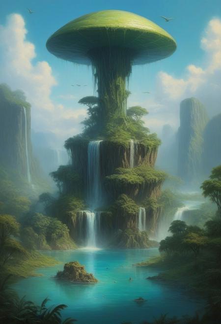 Ghiblistyle fantasy oil painting of a lush alien world, there is a large island floating in the sky.  There is a majestic waterfall coming from the floating island