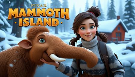 pixar movie still, pixar cartoon style, title of the movie displayed at the top is "Mammoth Island" with the golden "PIXAR" logo above it. ((the title font is highly stylized and prehistoric looking)).

in a snowy forest, falling snow, frozen creek, a smiling beautiful 35 year old brunette with blue eyes and freckles in a cozy knitted sweater with turtleneck and wearing a leather backpack. she is standing face to face with a baby woolly mammoth. she is reaching out for the mammoth tusk. ((the smiling baby woolly mammoth has green eyes and looks happy)),

colorful wooden shed in the background on the side of the frozen creek