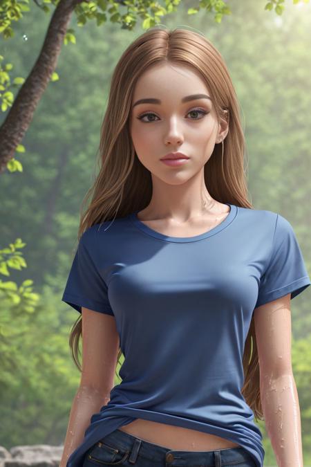 S001_SeltinSweet, RAW,(8k, best quality, masterpiece:1.2), (full body shot:1.4), octane render, extremely detailed CG unity 8k wallpaper, studio soft light, rim light, in forest, sunlight, standing, (a girl is wearing a blue wet t-shirt:1.5), hyper realistic detail shiny skin, ultra detailed, (ultra realistic:1.5), (looking at viewer:1.2), (intricate:1.2), (photorealistic:1.4), 1girl, (skinny:1.3), detailed background