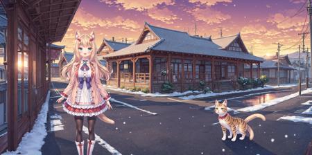 <lora:super-nekofeng-v5:0.7>,1girl, solo, long hair, slit pupils, pantyhose, animal ears, green eyes, open mouth, boots, cat ears, white footwear, cat tail, skirt, full body, looking at viewer, blush, jacket, black pantyhose, standing, bell
sunset,light sun,1girl, animal ears, solo, open eyes, long hair, , cat ears,, bangs, bow, cat girl, hair bow, outdoors, blush, animal ear fluff, closed mouth, striped bow, smile, facing viewer, sky, purple  bow, cloud, upper body,yellow dress, dress, long sleeves, striped, sunset, frills, blunt bangs, center frills, power lines, brooch, sun, day, building, cloudy sky, sunrise, jewelry, blue sky, utility pole, railing, virtual youtuber, shirt, bridge, small breasts,raised, architecture, frilled dress, house, breasts, gem, lamppost, sidelocks, water, snow, mountain, town, flat chest, east asian architecture, standing,,flower_sea, twitter username,  <lora:super-nekopara-fengjing-1920_1080s-v1:0.3>,<lora:ç»èå å¼ºadd_detail:0.4>,