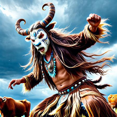 (made of w00kiee:1.5),
8k, score_9, score_8_up, score_7_up,
masterpiece,realistic,ultra detailed, vibrant colors,photo-realistic,
1 boy,Cow mask, cow horns, cow tail,cowboy shot,Focus on the chest,(Shaman dancing vigorously:1.5), (long hair flying, long hair undulating like a dragon flying in the sky:1.5), long hair fluttering in the wind, detailed depiction of hair, fang necklace, long skirted national costume, accessories, goldwork, detailed accessories, storm clouds, thunder, lightning,