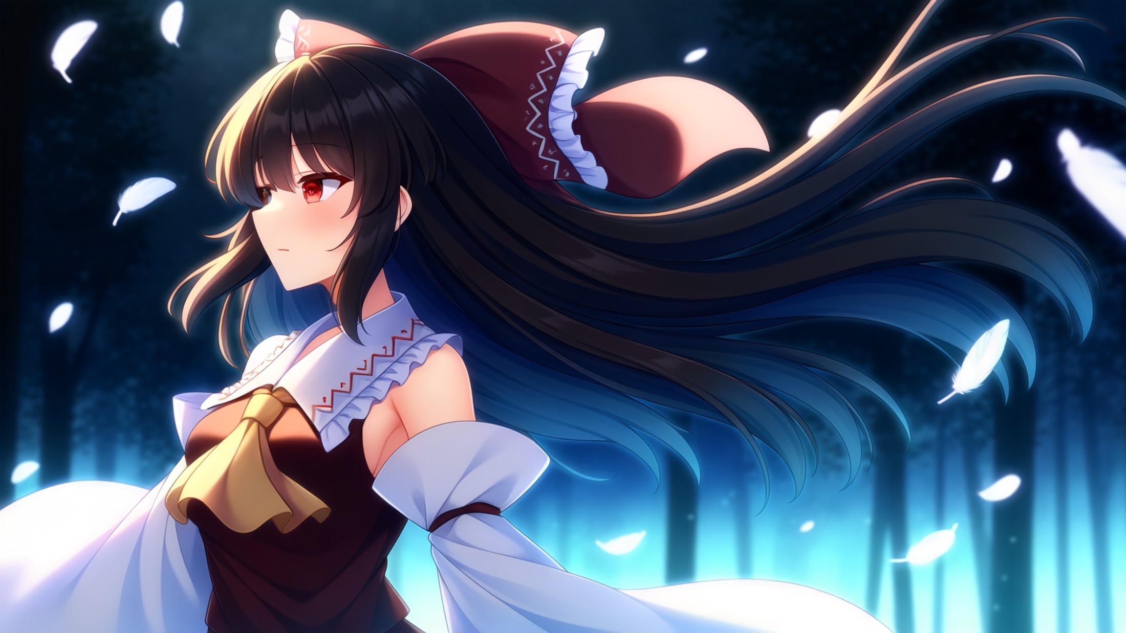 1girl, solo, wind, petals, depth of field, feathers, forest, night, newest, extremely aesthetic, best quality, hakurei rei...