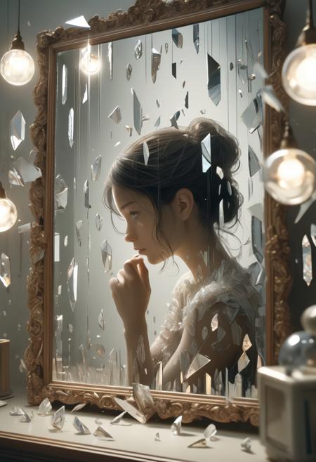 (in Otomo Katsuhiro style:1.2), masterpiece, high-quality, A woman gazing into a mirror that shatters into pieces, each fragment reflecting a different moment of her life, faint images emerge in each shard suspended in a timeless haze, Style is Surrealist realism with high-reflection detail, micro-moments in glass, soft fragmented lighting, introspective mood, (elaborate fine details:1.1), (hyperdetailed:1.1), (intricate details:1.0), (Refined details:1.1), (best quality:1.1), (high resolution:1.2)