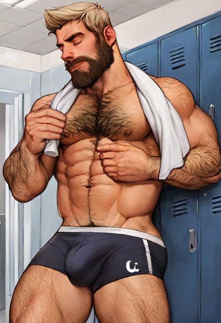 score_9, score_8_up, score_7_up, score_6_up, score_5_up, score_4_up, josh, josh \(marcus\), 1boy, abs, arm hair, bara, beard, black male swimwear, blonde hair, bulge, chest hair, closed eyes, closed mouth, erection, erection under clothes, facial hair, hairy, holding, holding towel, large pectorals, leg hair, locker, locker room, male focus, male swimwear, mature male, muscular, muscular male, mustache, navel, nipples, pectorals, short hair, solo, standing, swim briefs, thick thighs, thighs, towel, wet <lora:rnarccus-Pony-XL-v6:1>