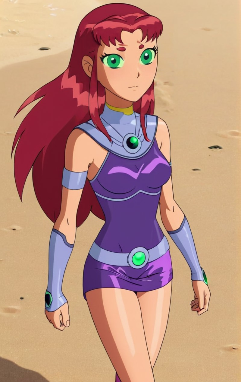 ohxw, star12, red hair, green eyes, purple outfit, full body, blushing, walking up from a beach, <lora:1star-000004:0.9> 4...
