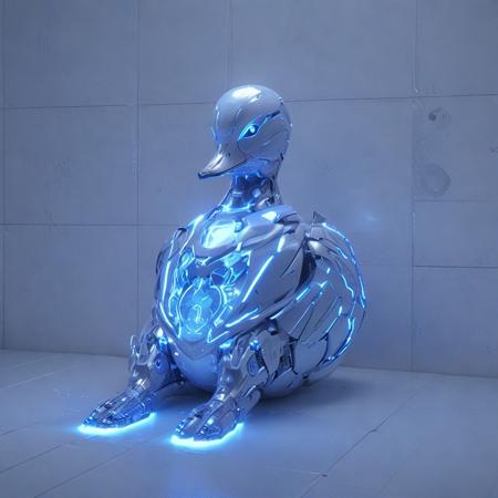SilverPulse robot duck, on a white pillow, tile wall,  animal, bird, surrounded by eggs, futuristic, science fiction, blue glow