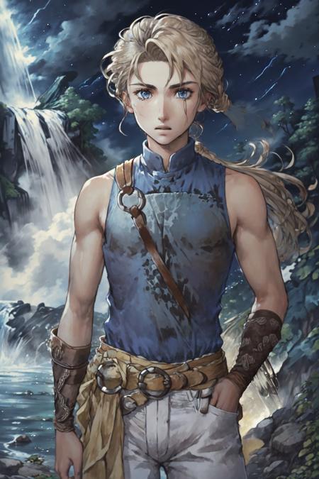 JowyAtreides, blue shirt, white pants, yellow belt, sleeveless,   1boy, solo,   blonde hair, low ponytail, cliff, (waterfall:1.2), night sky,  clouds, wind,  <lora:JowyAterides_Suikoden2V1.1:1>