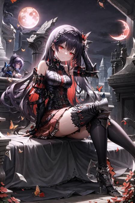 2girls, armor, breasts, bug, butterfly, closed eyes, cloud, crescent moon, full moon, gauntlets, greaves, long hair, looking at viewer, moon, moonlight, multiple girls, night, night sky, red eyes, red moon, short hair, sitting, sky, star \(sky\), starry sky, thighhighs, weapon <lora:gothicL1v:0.6>