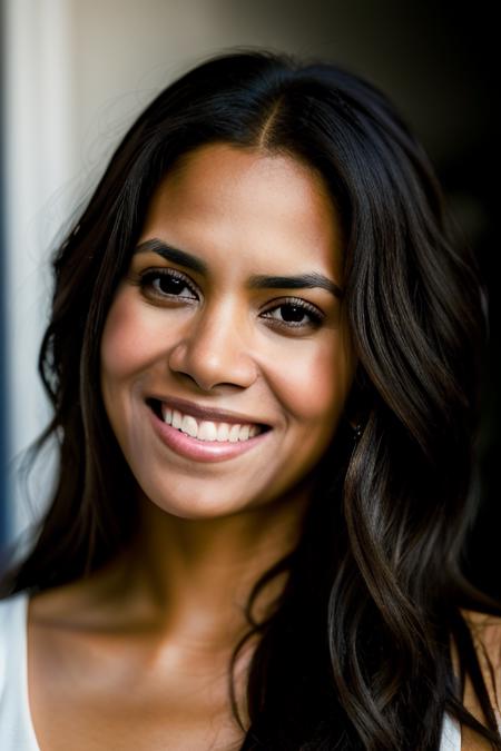 Realistic photo of a beautiful h4ll3b-v2 woman,   1girl, solo, long hair, looking at viewer, smile, simple background, brown hair, black hair, brown eyes, teeth, grin, lips, portrait, realistic, soft lighting, professional Photography, Photorealistic, detailed, RAW, analog, sharp focus, 8k, HD, DSLR, high quality, Fujifilm XT3, film grain, award winning, masterpiece<lora:h4ll3b-v2:1.0>