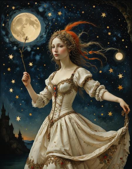 (by John Bauer and by Elisabetta Sirani:1.5), (A feywild carnival, twirling magically, whimsical, enchanting, under a starry sky.:0.5)