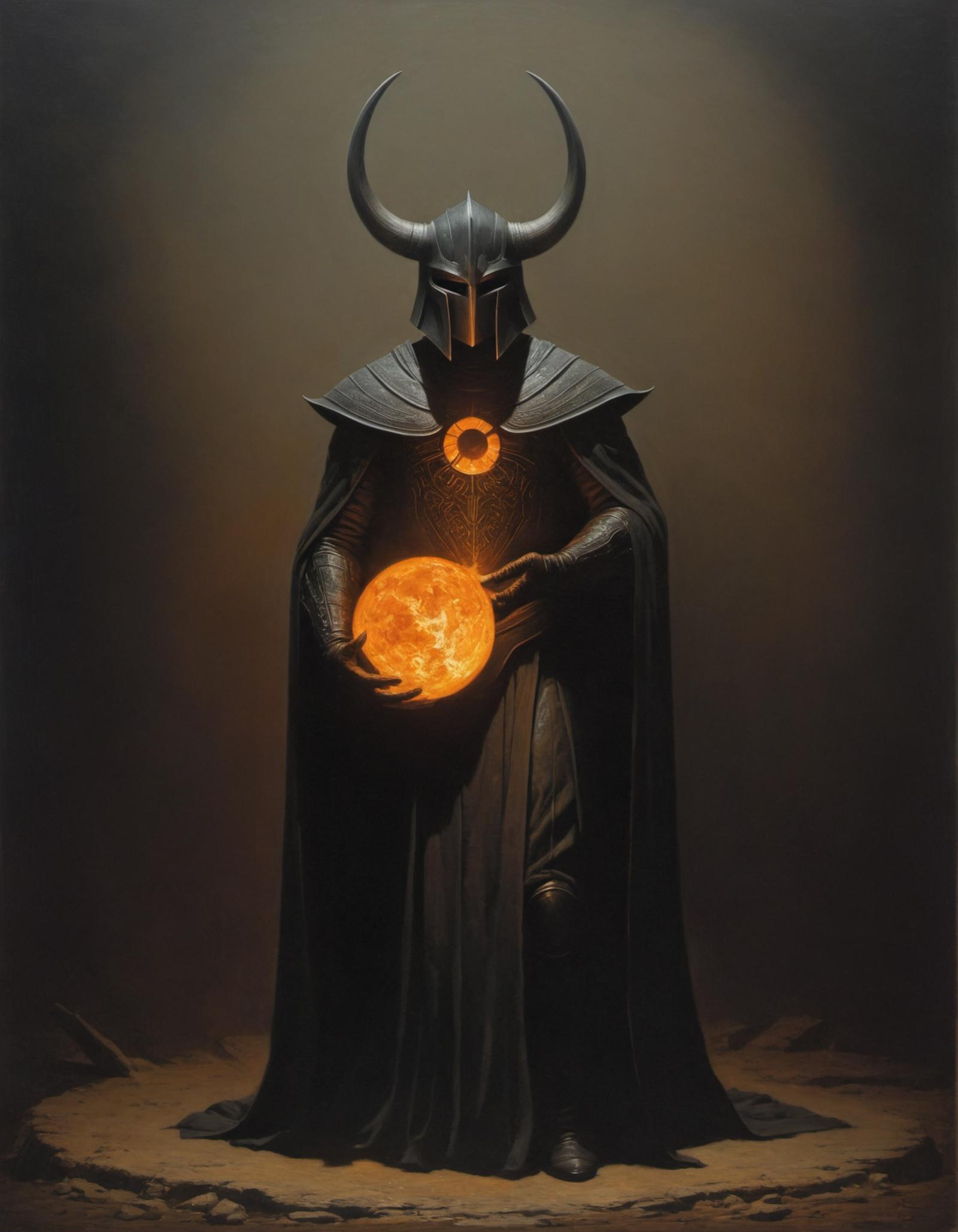 A dark fantasy painting of a warrior holding a glowing orb.